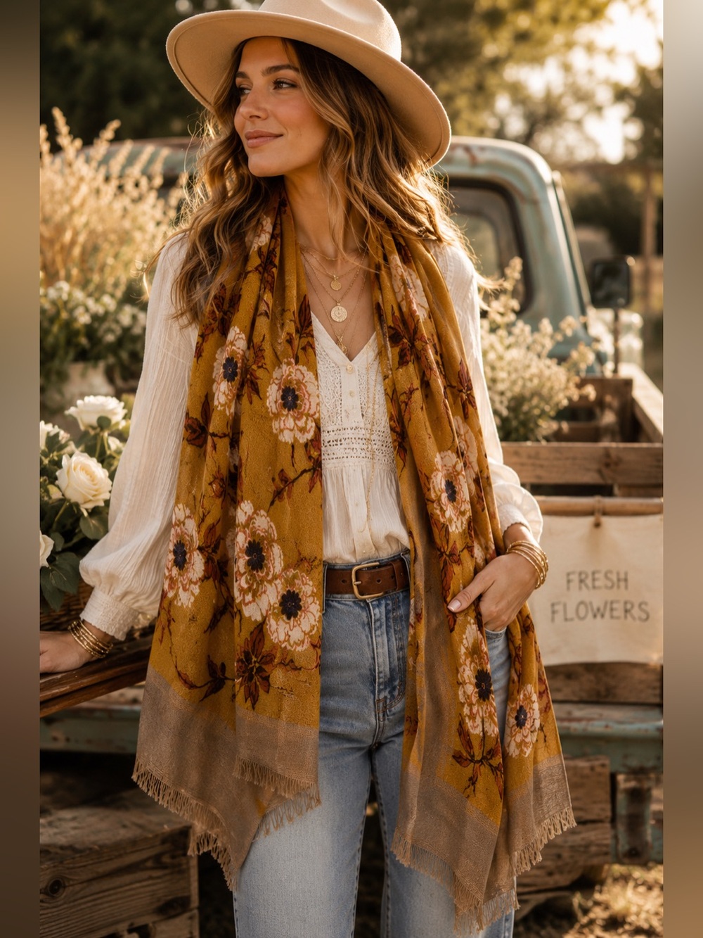 Anthropologie Mustard Floral Scarf Shawl Wrap Boho Cottagecore Festival Fringe